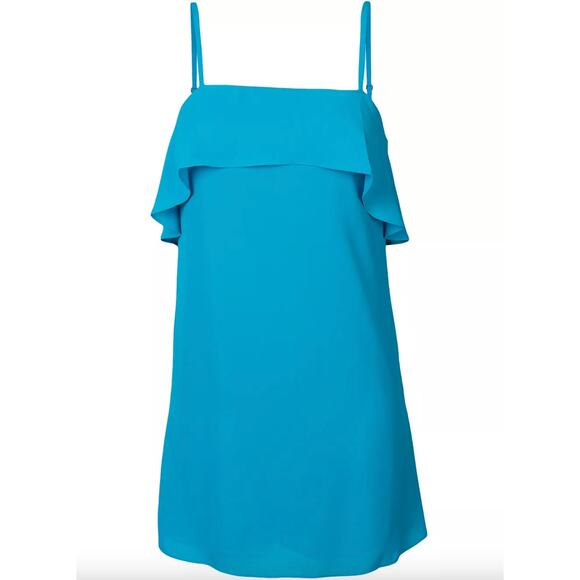 Alice+Olivia Etta Slip Mini Dress Blue Laguna Ruffle Square Neck Party Medium - Picture 1 of 11